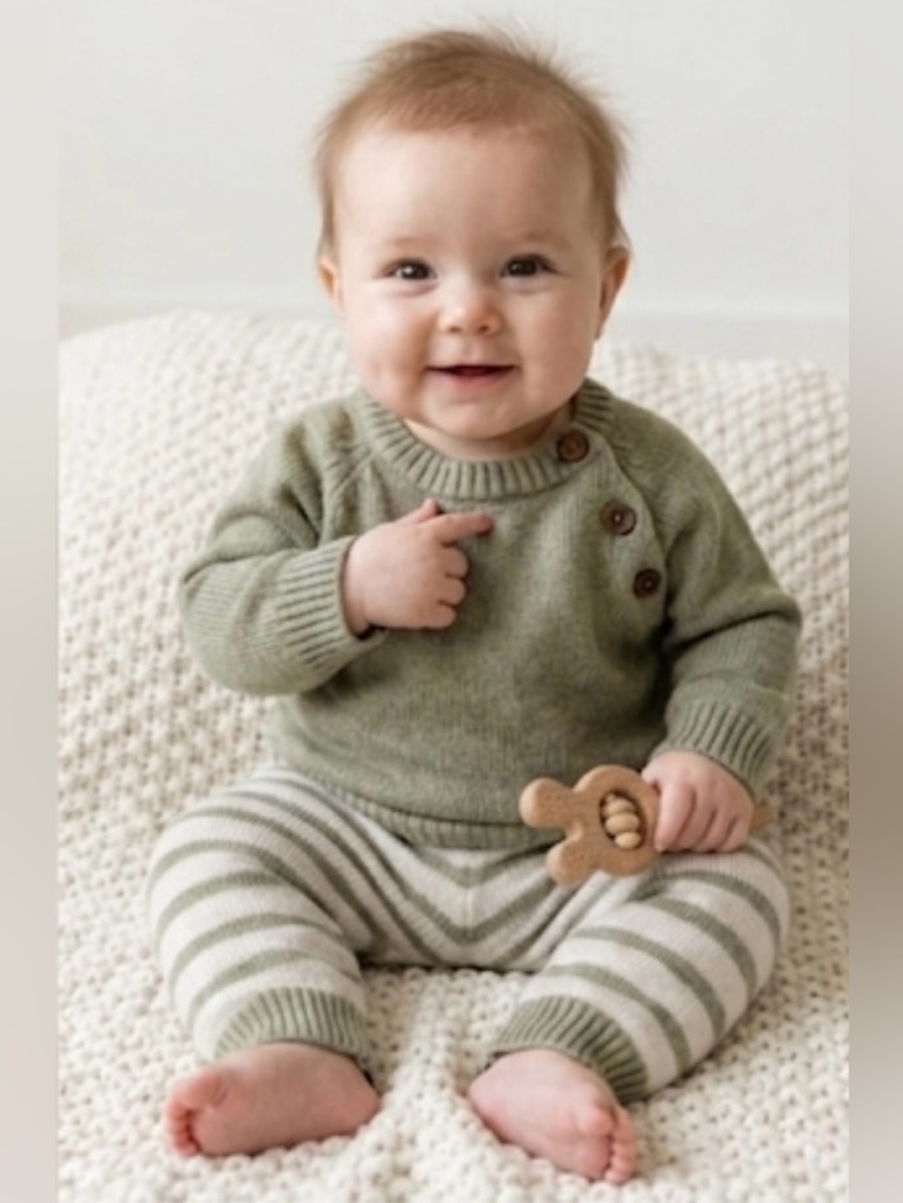Rabbit + Bear Organic Cotton Baby Set 3-6M Sweater & Pants, Olive + Off - White